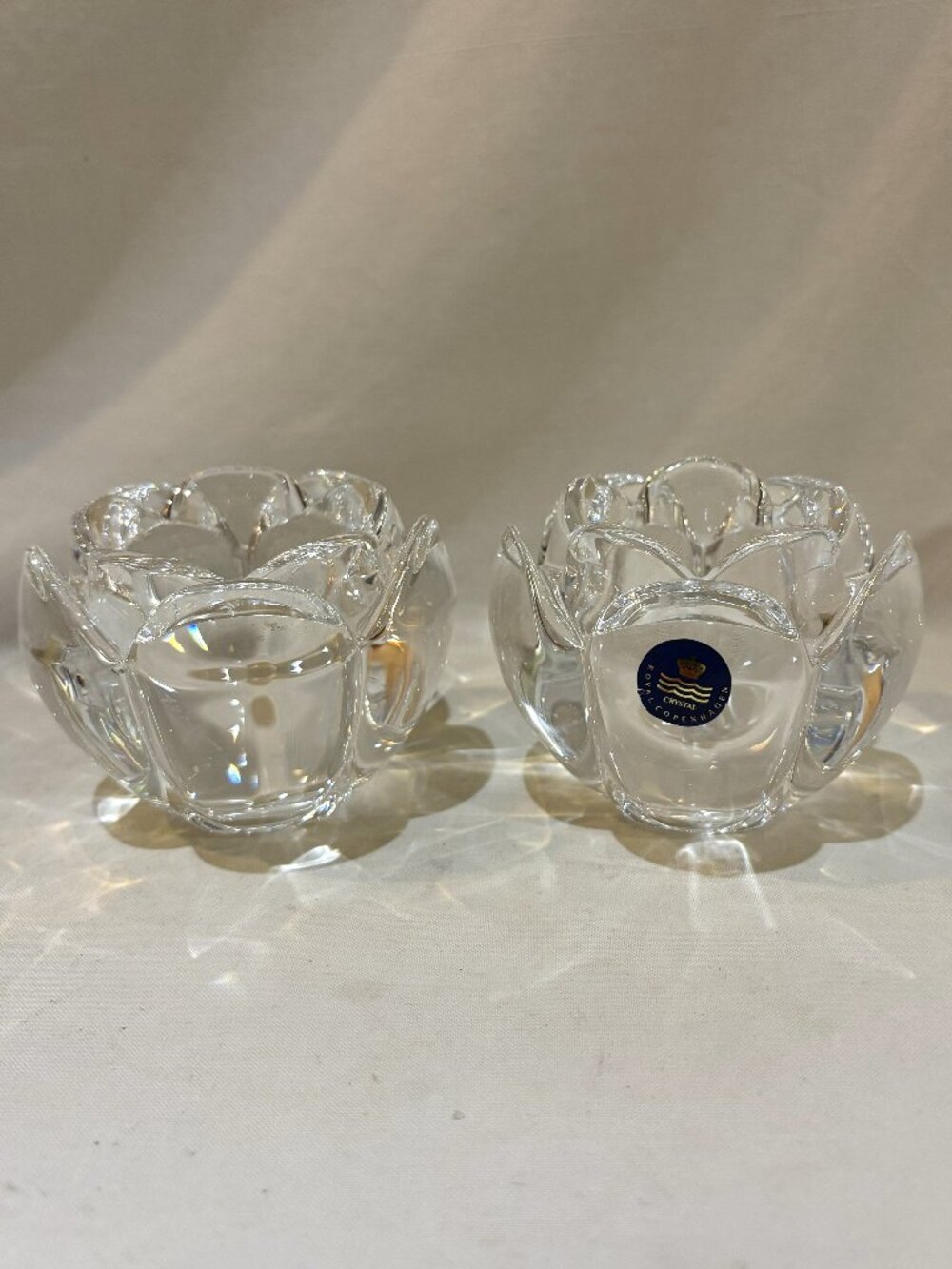 Pair of Royal Copenhagen Crystal Lotus Flower Tealight Votive Candle Holders